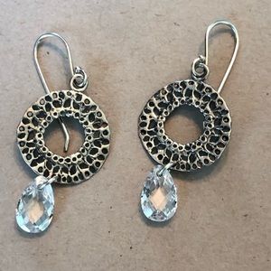 Silpada .925 Vintage Sterling Silver Hammered Circle Crystal Teardrop Earrings